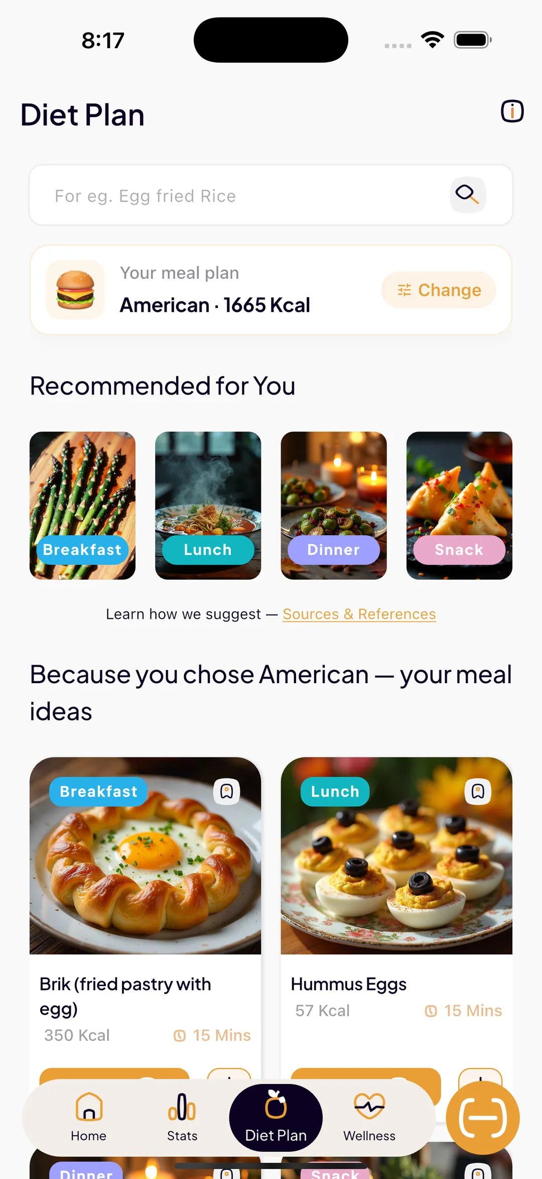 The SlimAI diet plan screen with an American 1,665 kcal meal plan, recommended breakfast, lunch, dinner and snack, and meal ideas with calories and cook times