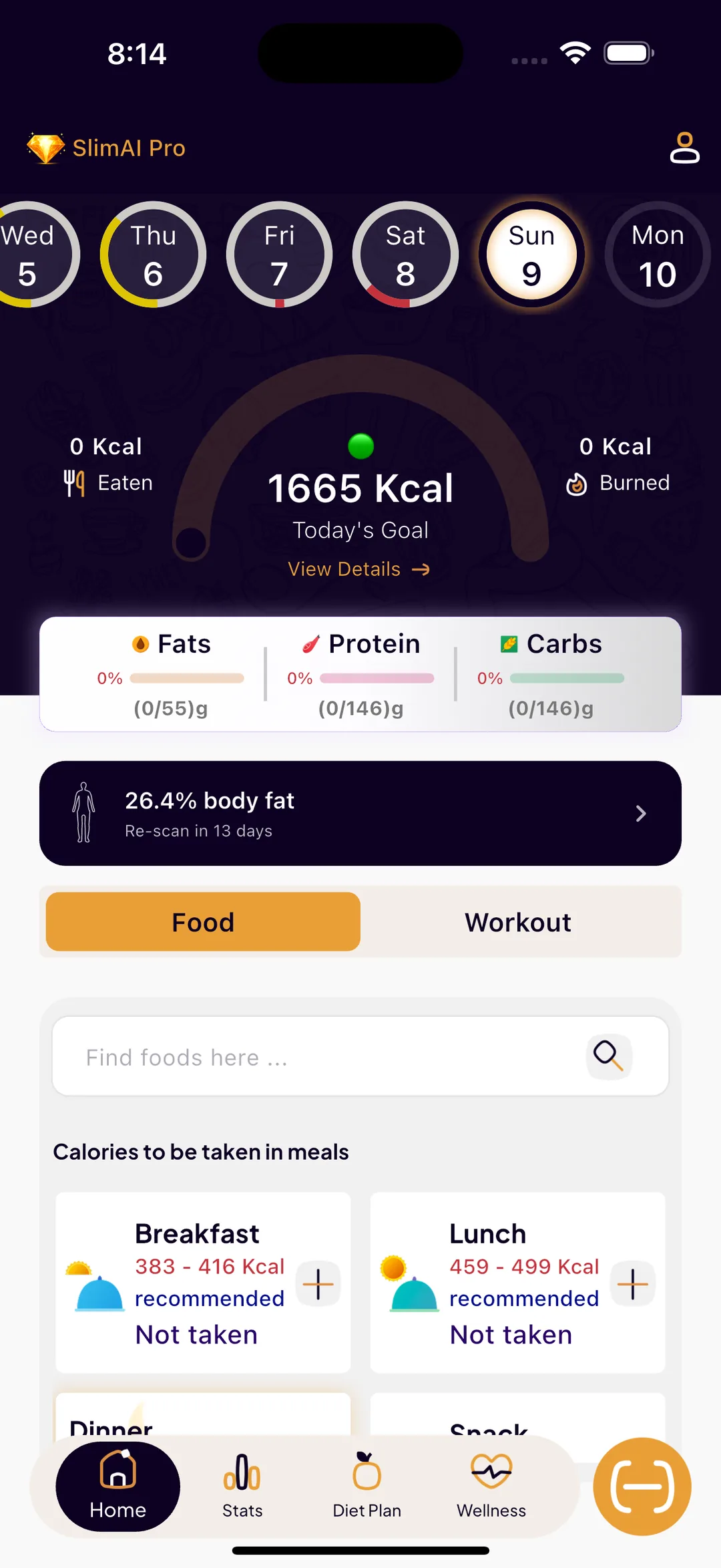 The SlimAI home screen: a week strip of daily rings, one ring holding calories eaten, the 1,665 kcal goal and calories burned, macro bars for fats, protein and carbs, a body fat card, and per-meal cards with recommended calorie ranges