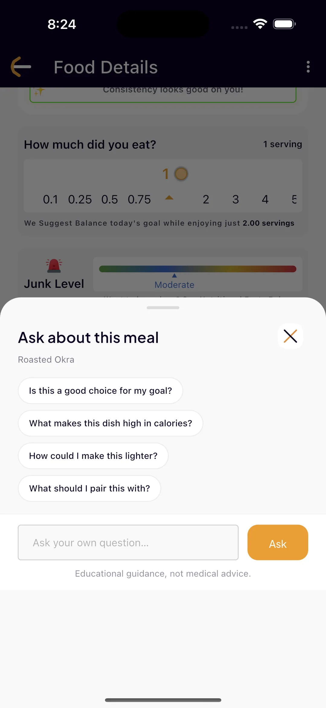 The Ask About Your Meal sheet in SlimAI, with suggested questions about a logged dish and a box to ask your own