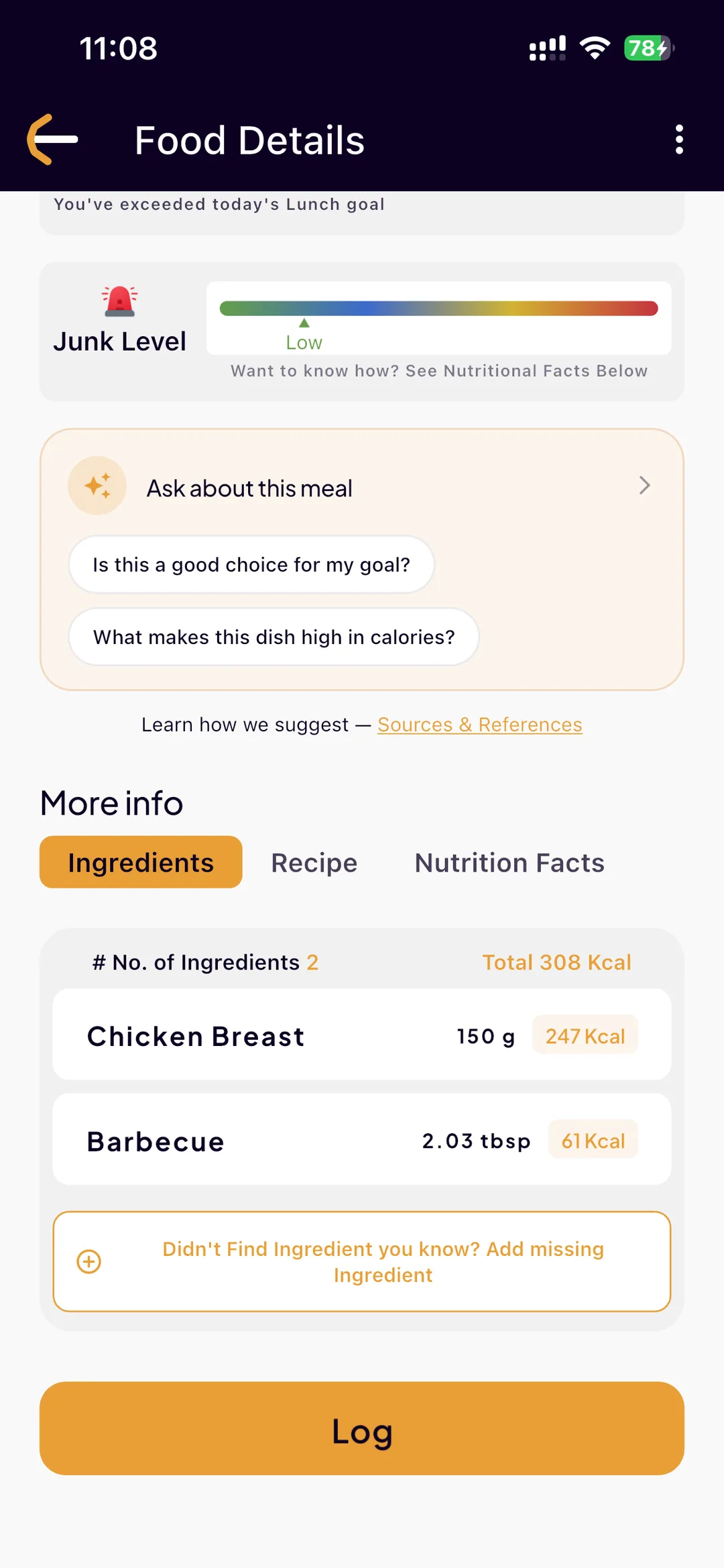 The ingredient breakdown for a logged meal in SlimAI: chicken breast at 150 g for 247 kcal, barbecue sauce at 2.03 tbsp for 61 kcal, and a button to add a missing ingredient