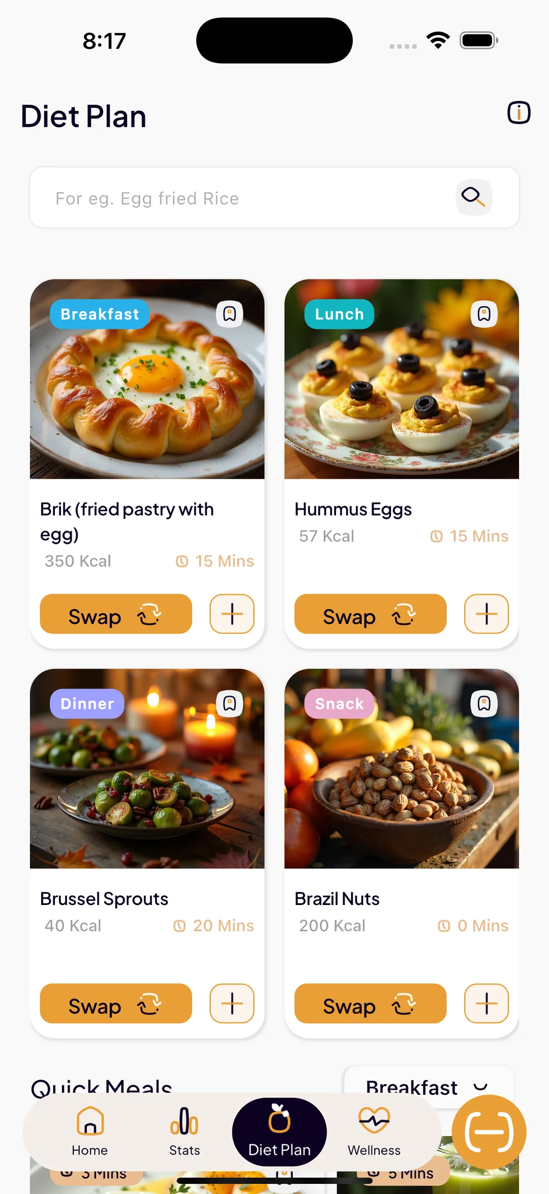 SlimAI meal cards for breakfast, lunch, dinner and snack, each with its calories, cook time, a Swap button and a one-tap log button
