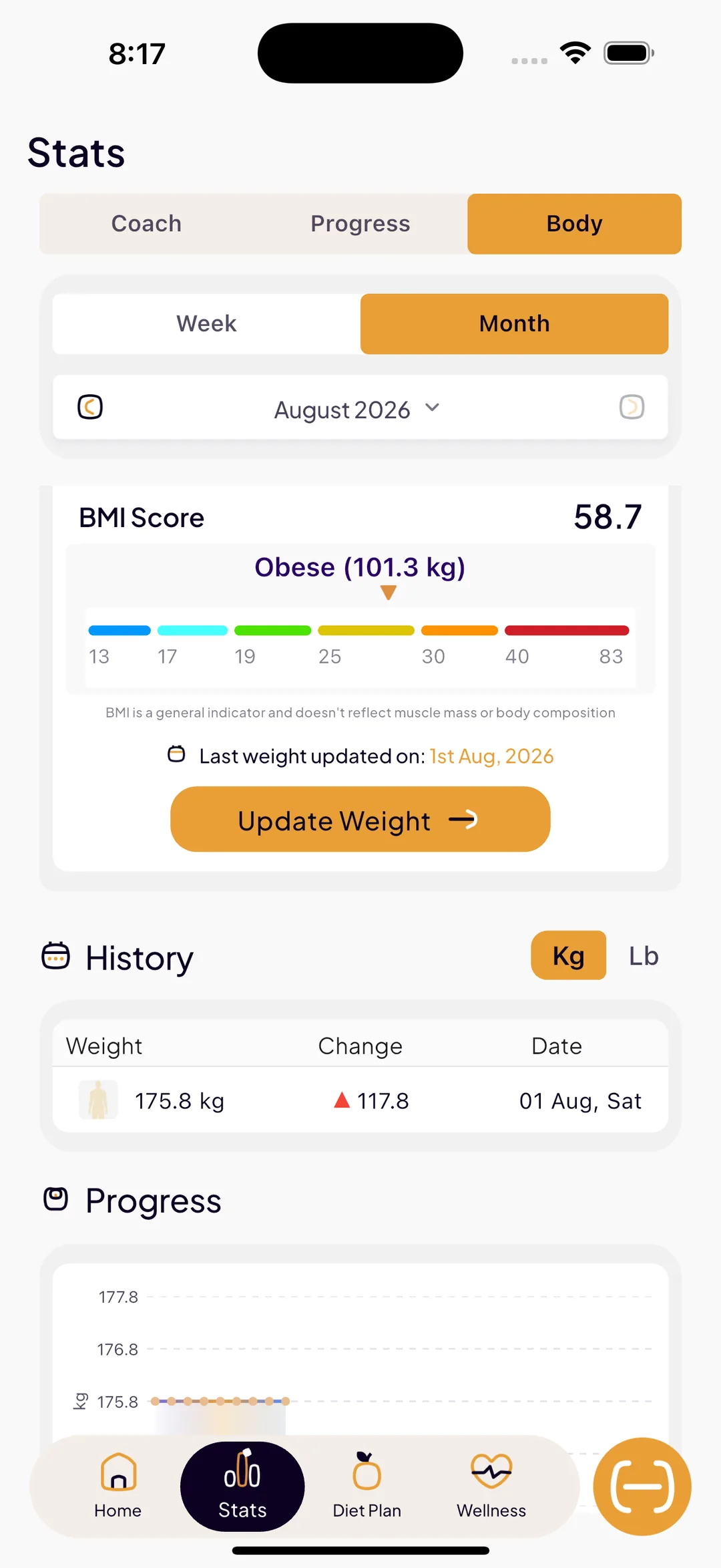 SlimAI weight tracking with a BMI score and category scale, a note that BMI does not reflect muscle mass, weight history with changes, and a progress chart