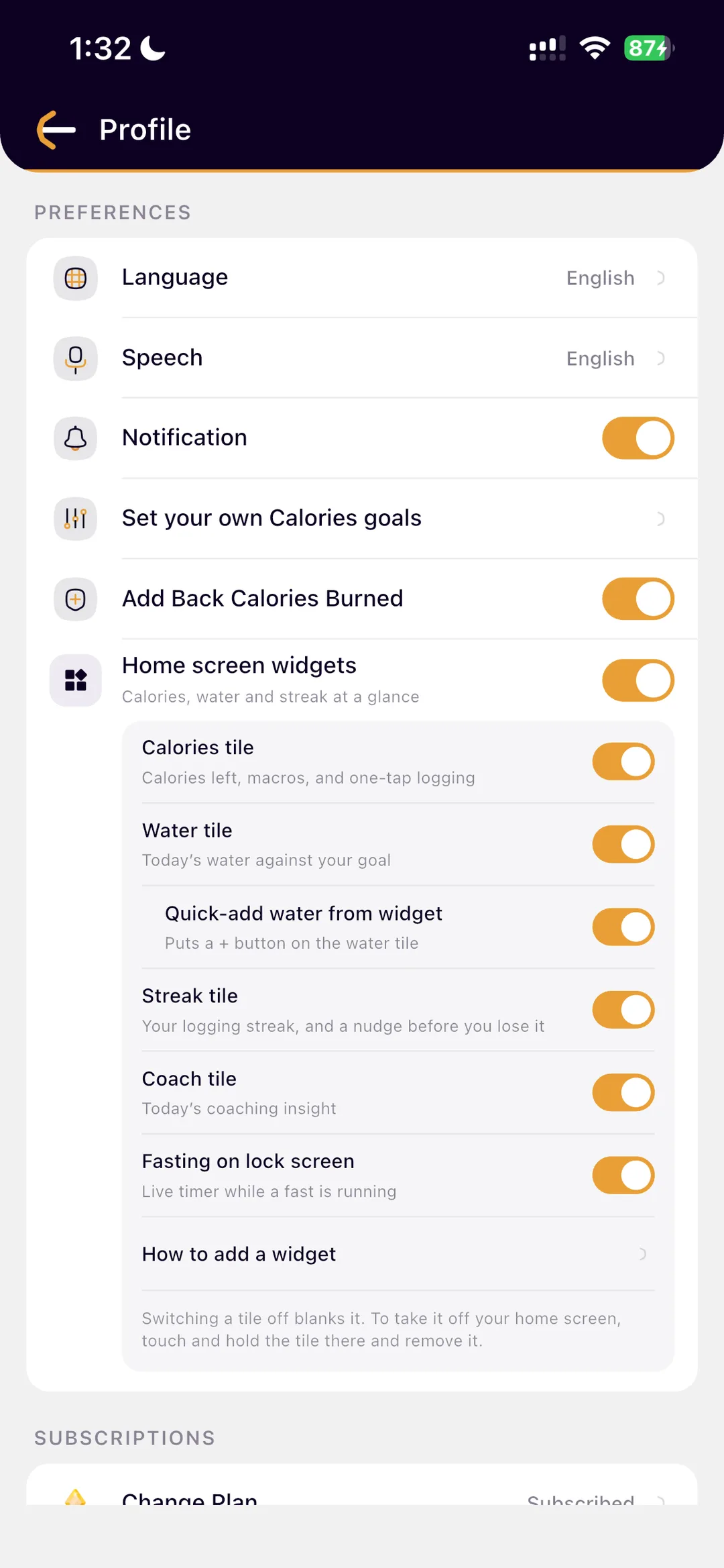 SlimAI widget settings in Profile: a Home screen widgets master switch above individual switches for the calories, water, streak and coach tiles, an indented quick-add water switch, a fasting on lock screen switch, and a How to add a widget link
