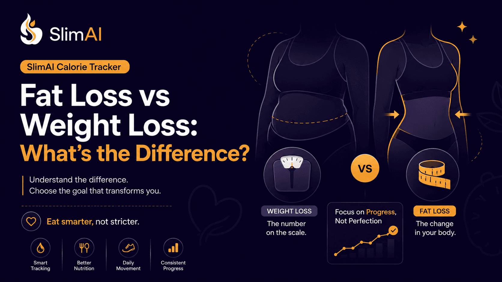 Fat loss vs weight loss banner showing calorie tracking, macros, workouts, and progress insights for better body composition.