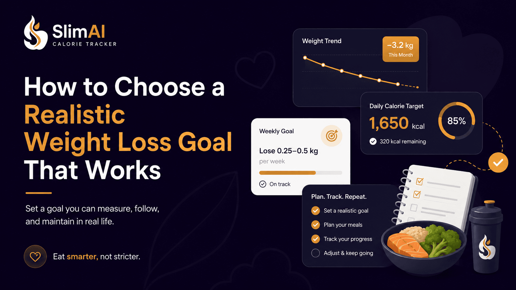 Realistic weight loss goal banner showing calorie targets, meal tracking, progress insights, and sustainable health habits.