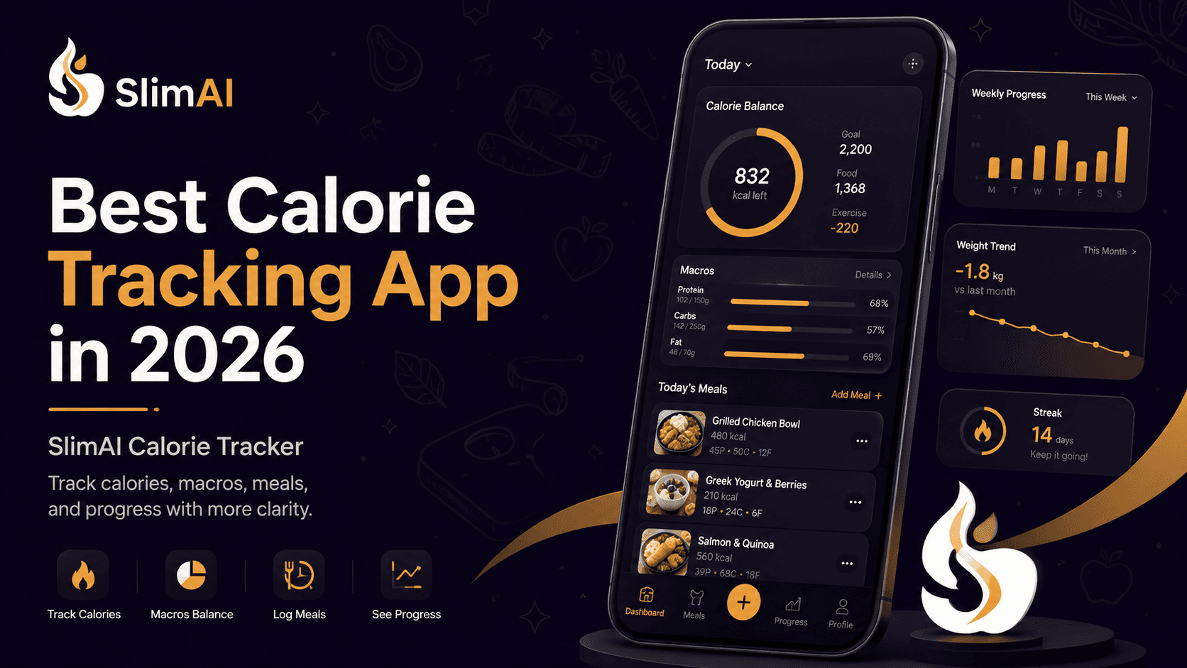 Best calorie tracking app in 2026 banner showing SlimAI food logging, calorie dashboard, macro tracking, workouts, and progress.