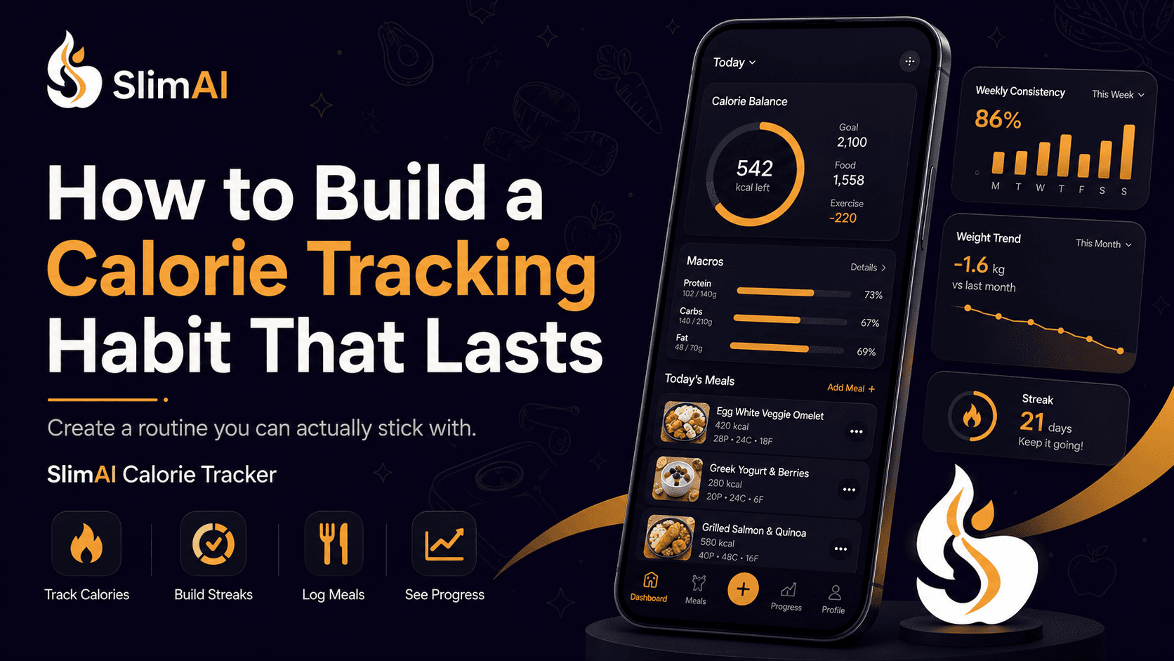 Calorie tracking habit banner showing food logging, daily habits, macro tracking, progress charts, and SlimAI app features.