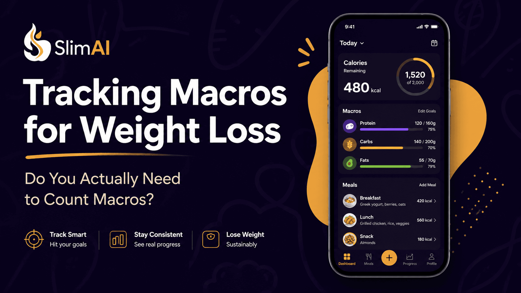 Macro tracking article banner showing protein carbs fats meal log and calorie balance chart