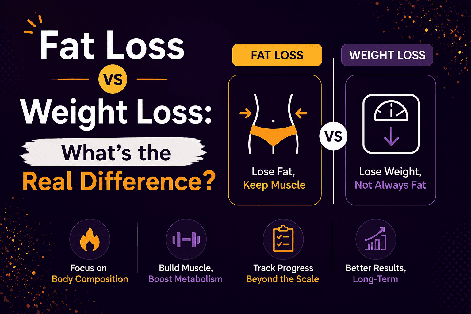 Fat loss vs weight loss comparison showing body composition, scale weight, and calorie tracking.