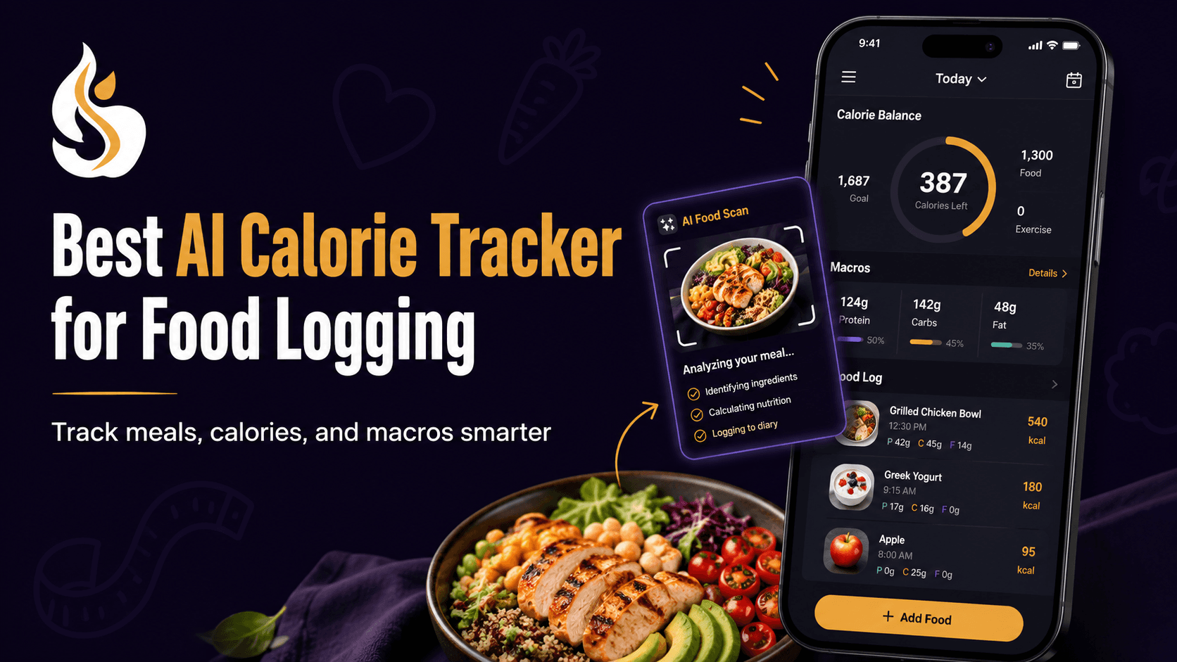 AI calorie tracker for food logging showing a meal photo, calorie estimate, and macro breakdown