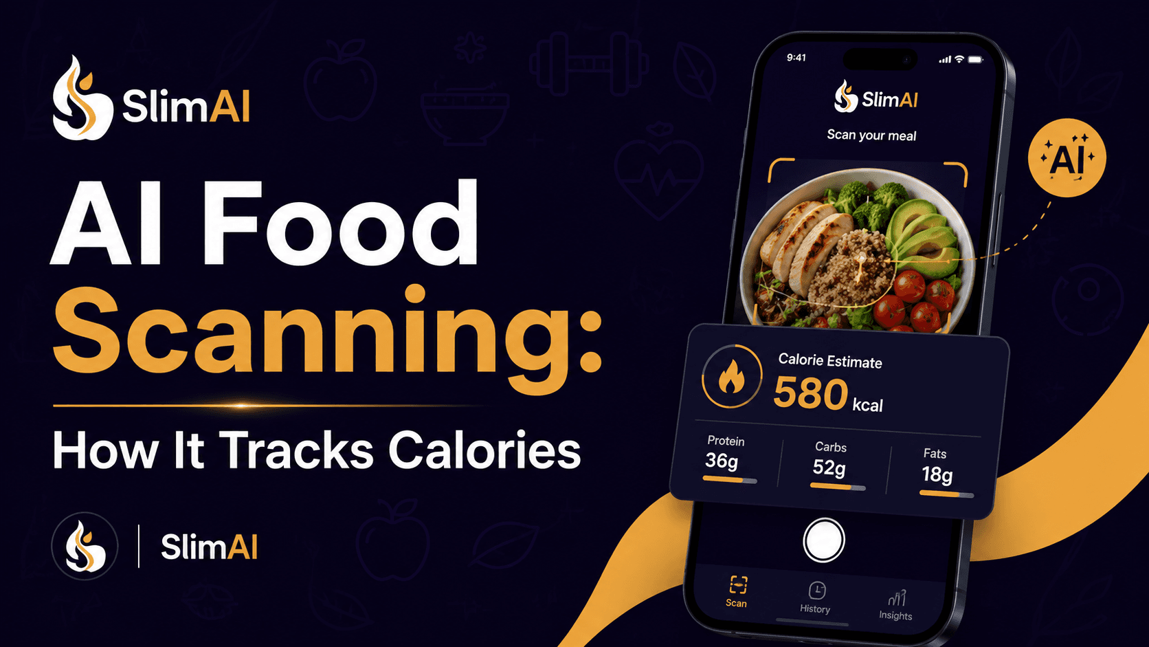 AI food scanning a mixed meal and showing estimated calories, ingredients, and macros