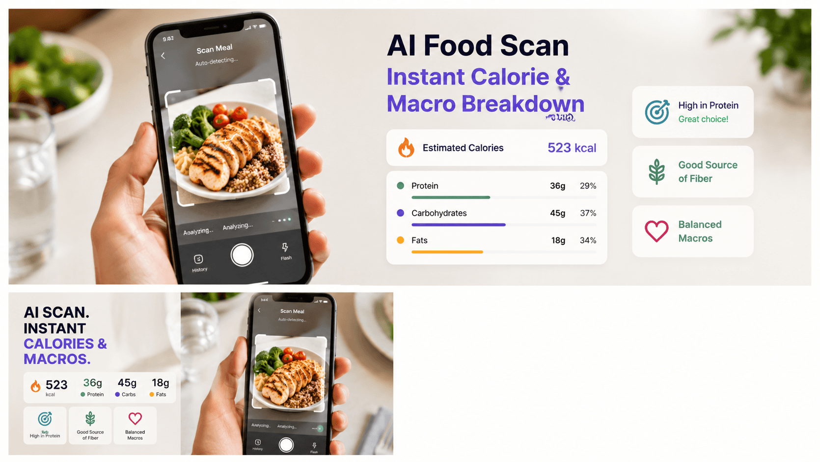 Compare food-scanning calorie trackers beside an editable photographed meal