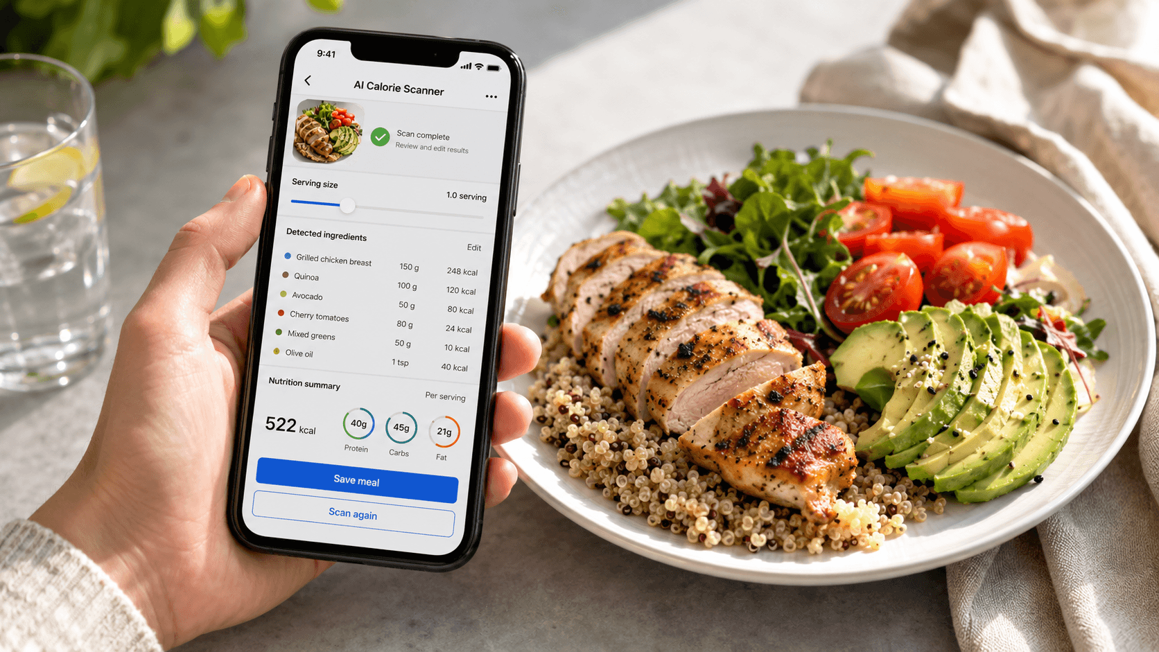 AI calorie scanner reviewing food ingredients, serving size, calories, protein, carbohydrates, and fats