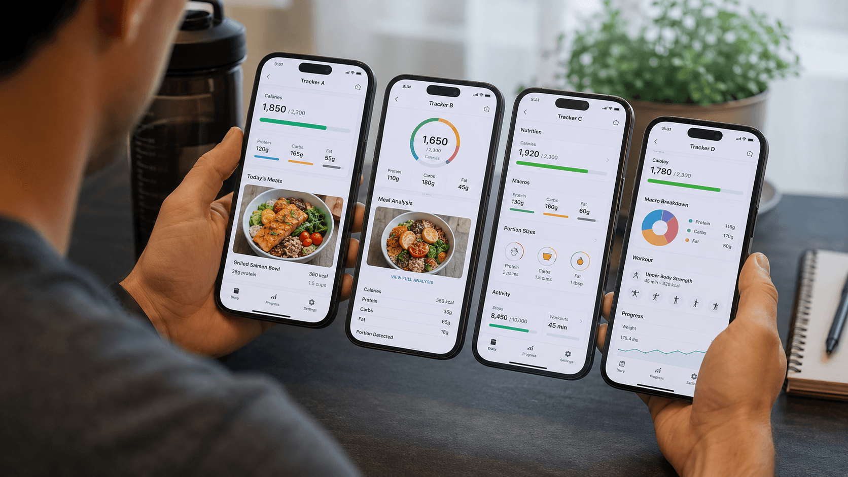Person comparing calorie, protein, meal photo, portion, and workout data across nutrition trackers