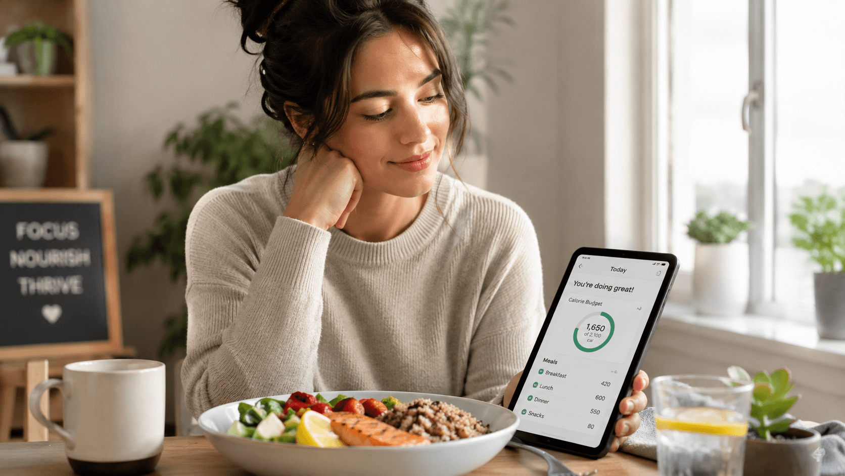 Person calmly reviewing a flexible calorie log beside a balanced meal