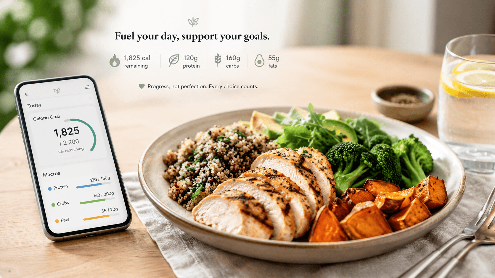 Balanced meal with calorie and macro information displayed as guidance rather than strict limits