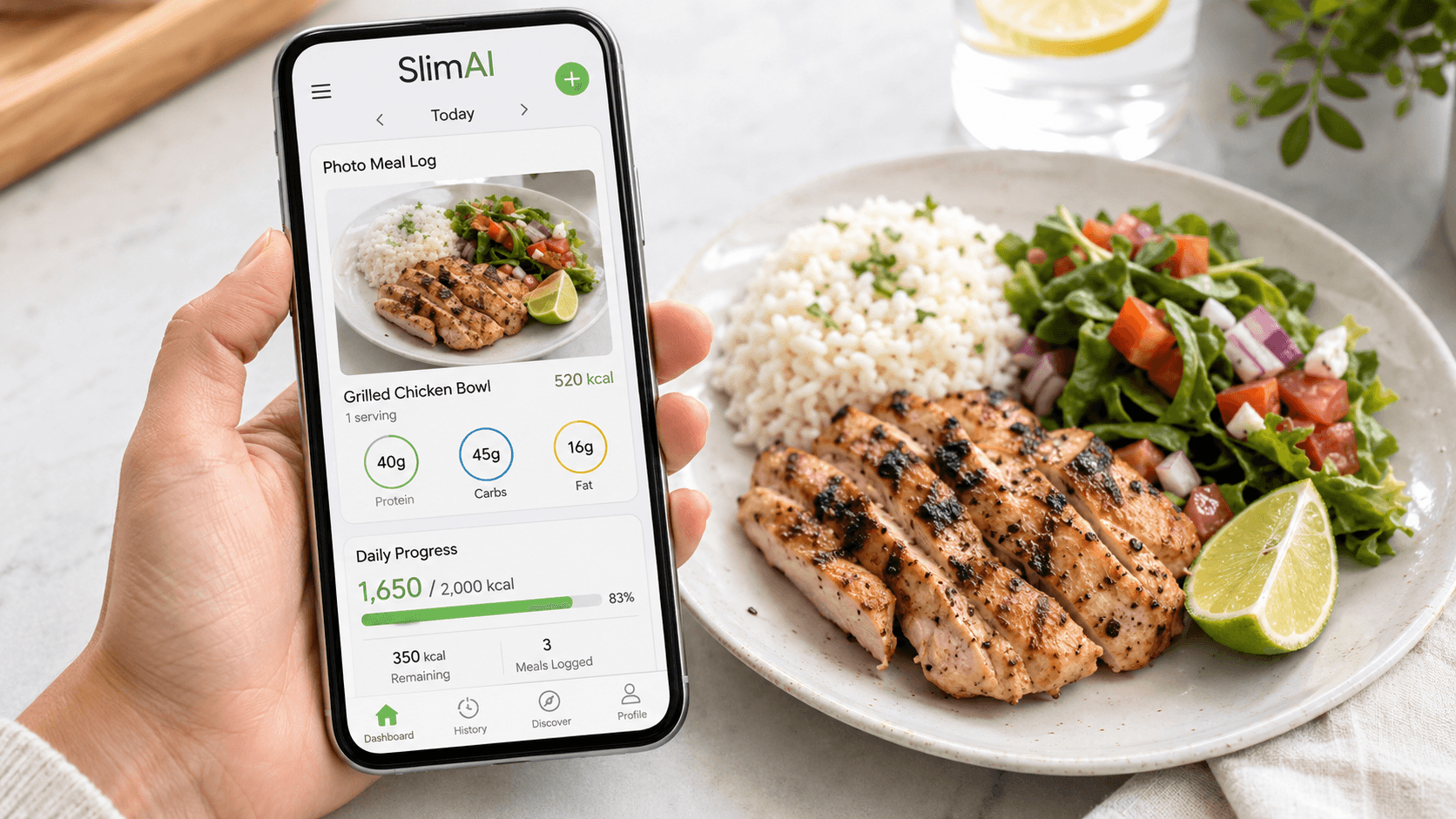 SlimAI calorie tracker showing photo meal logging, macros, calorie goals, and daily progress
