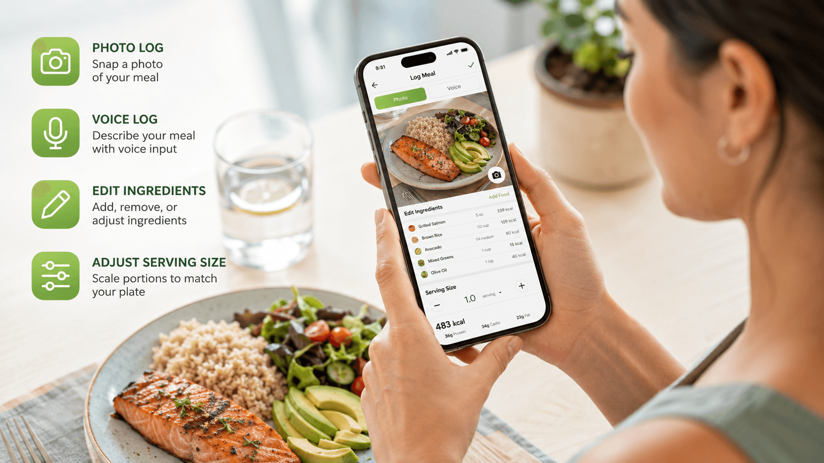 Person logging a mixed meal with photo, voice, ingredient editing, and serving-size controls